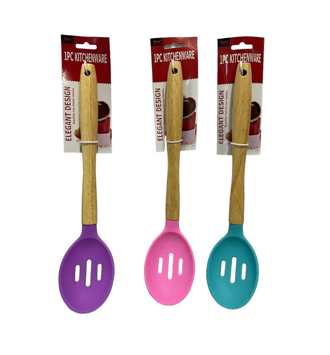 Cuchara calada silicona mango madera