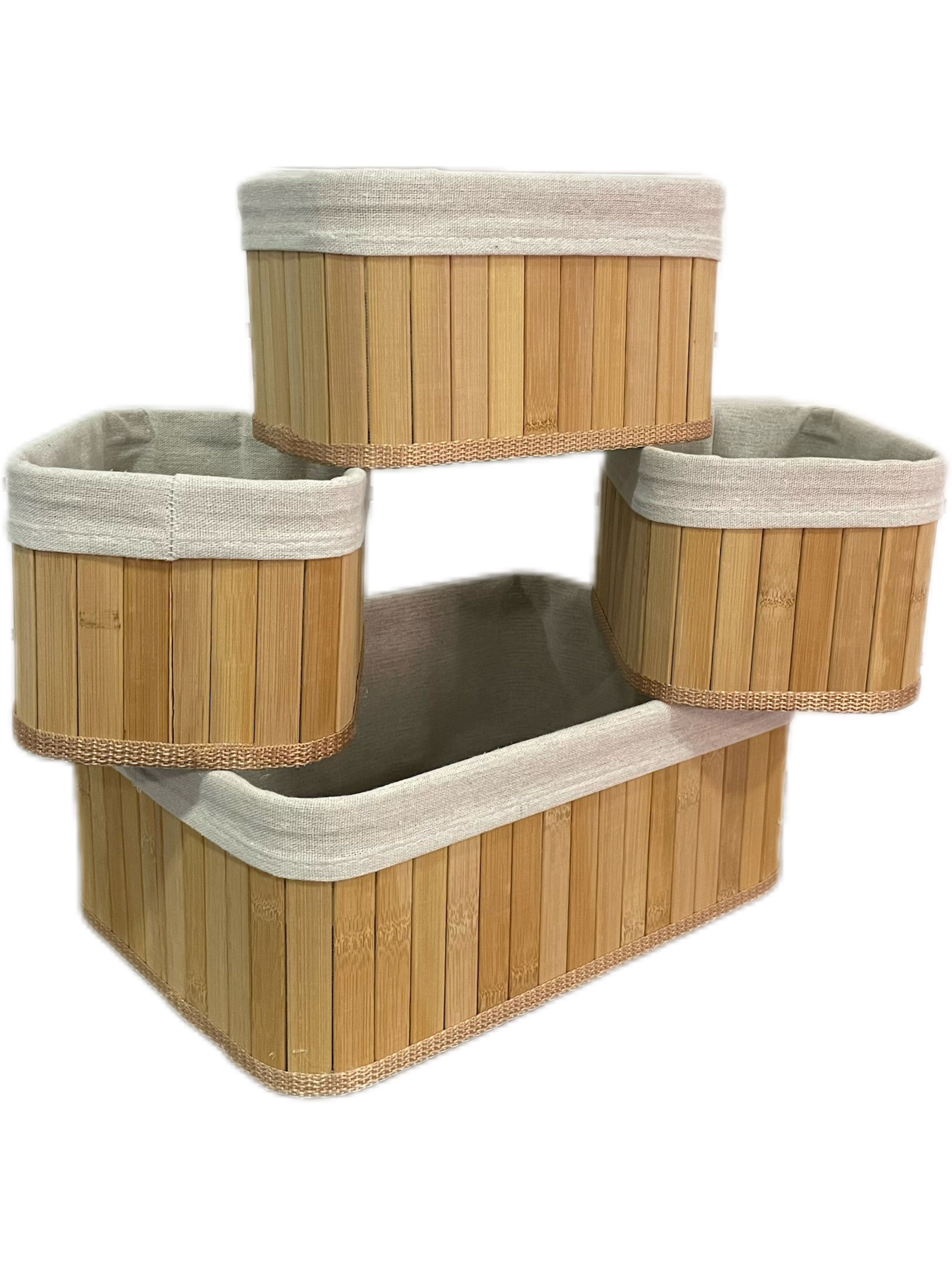 CANASTAS X 4 UNIDADES RECTANGULARES TELA+BAMBOO - GRANDE + 3 CHICAS